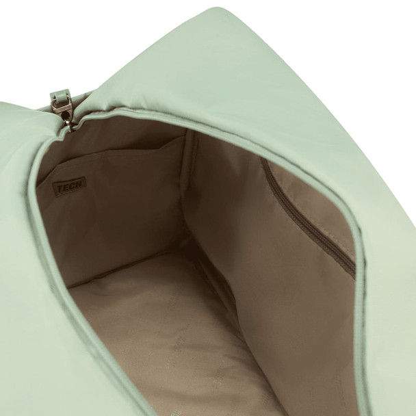 A light green duffle bag interior with a zippered pocket and smooth lining. The bag has a logo inside.