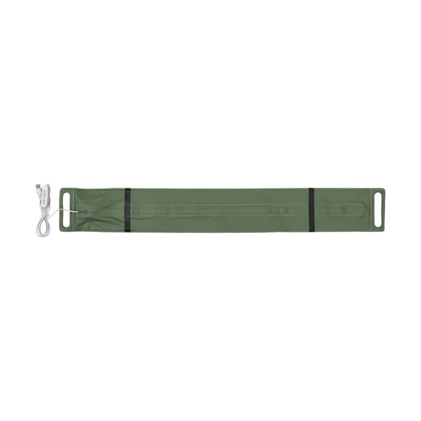 A long, olive green foldable camp light with a power cable attached. It features two handle openings.