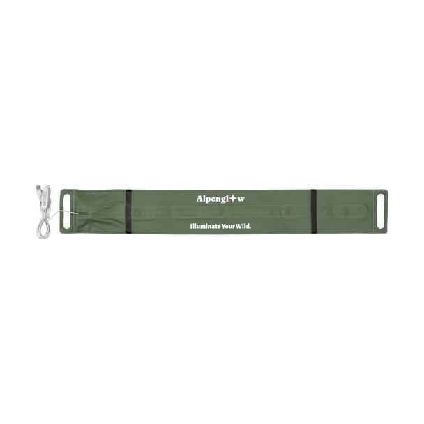 A foldable camp light in green with attachment straps and a charging cable, featuring a logo.
