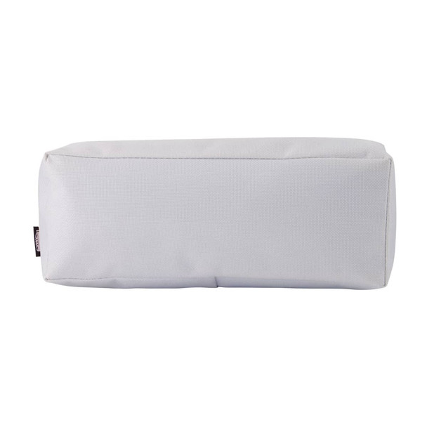 A white utility case with a rectangular shape, featuring a logo on one side.