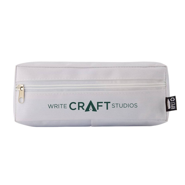 A white utility case with a zip closure, featuring a logo on the front.