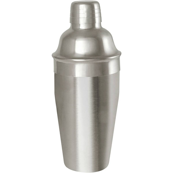 A stainless steel cocktail shaker with a sleek, metallic finish and a secured top, featuring a logo.