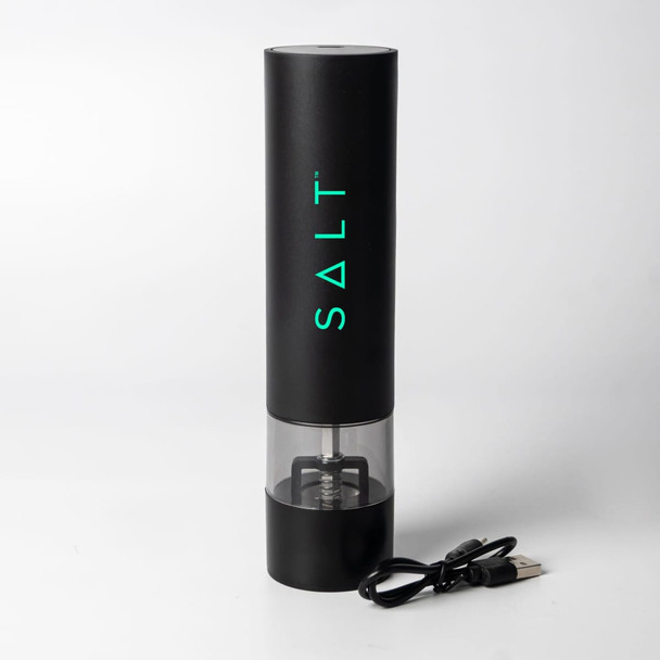 A rechargeable black pepper and salt grinder with a transparent base and USB charging cable. It features a logo.
