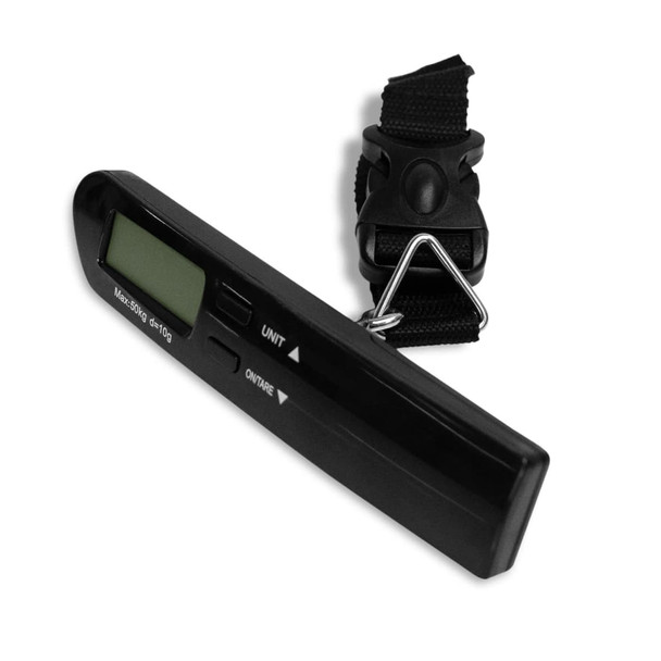 A digital black travel luggage scale with a strap and a small display for weight measurement.