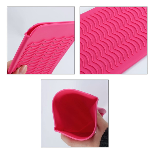 A pink heat-resistant silicone mat pouch featuring a textured wave design, with a close-up view of the edges and interior.