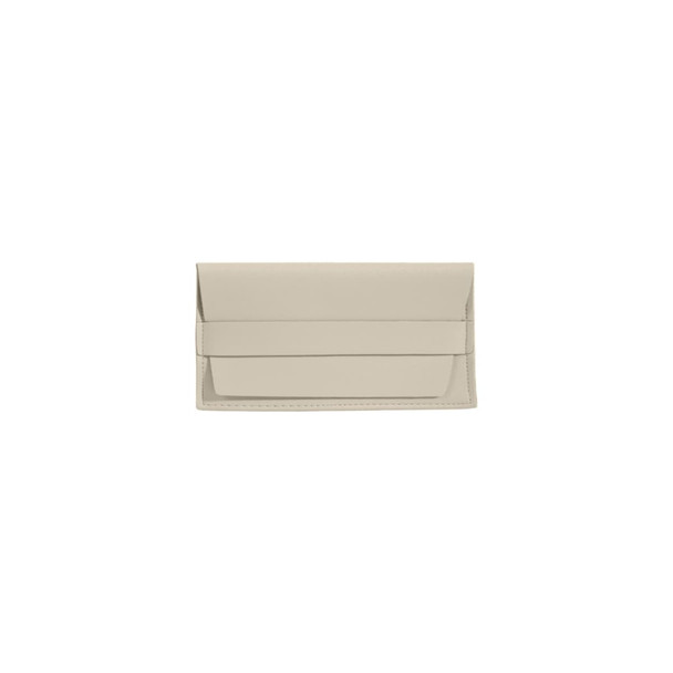 A PU leather glasses pouch in a light beige colour, featuring a flap closure and a logo.