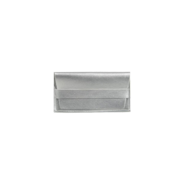 A silver PU leather glasses pouch with a slim design and a front slot. It features a logo on the surface.
