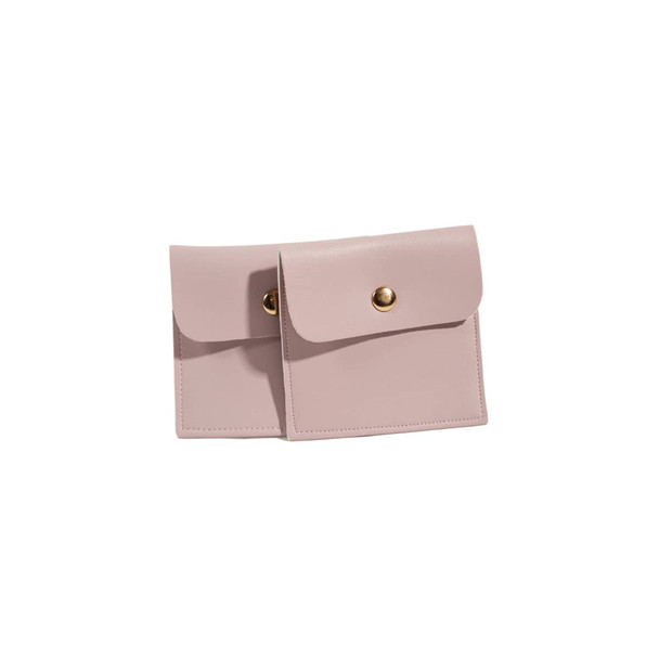 A square pale pink PU leather jewelry pouch with a button closure and stitched detailing. Features a logo.