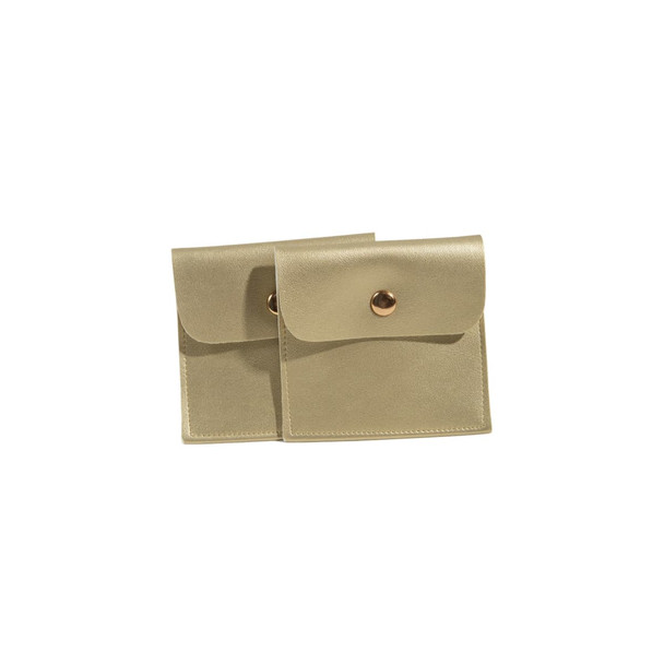 A pair of square PU leather jewellery pouches in gold, featuring a snap closure and a smooth finish.