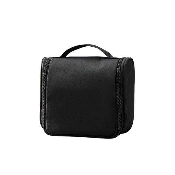 A black hanging travel toiletry bag with a zip closure and a top handle for easy carrying. Features a simple design.