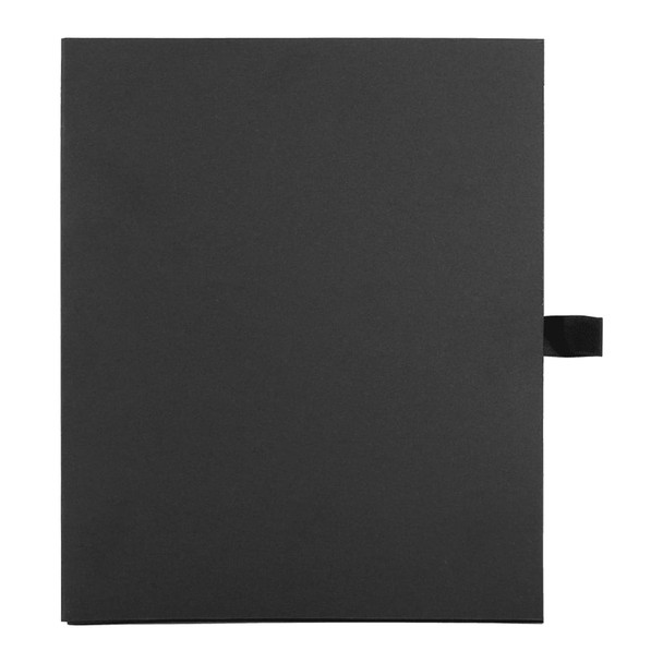 A black folder with a flap closure, featuring a textured surface. It has a strap for secure closure and organisation.