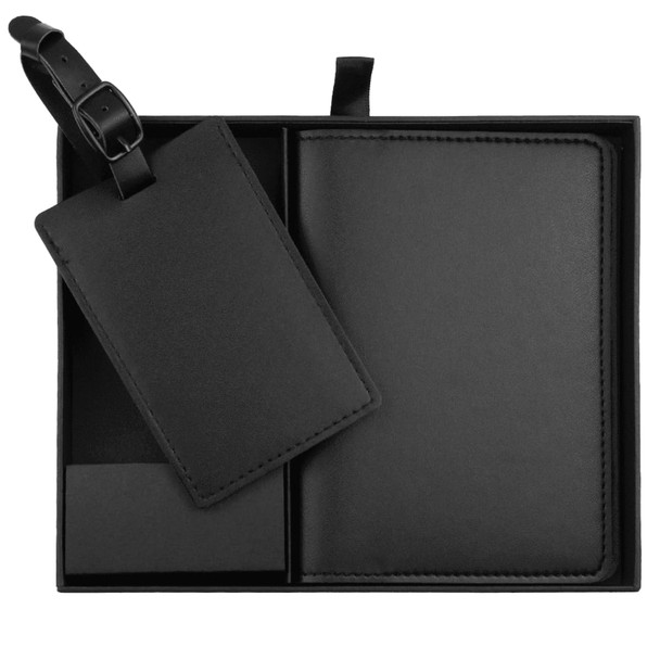 A black travel gift set including a passport holder, luggage tag, and a compartment for storage. Contains a logo.