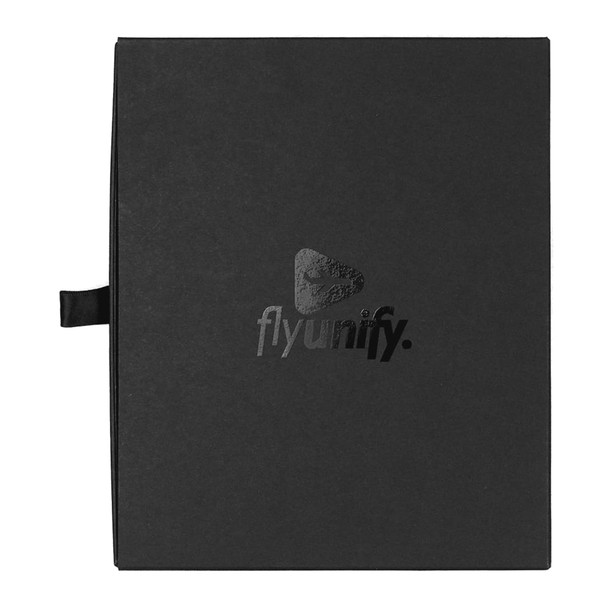 A black travel gift set with a logo, featuring a sleek and minimalist design.