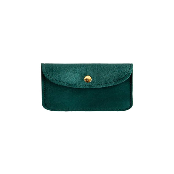 A velvet glasses pouch in dark green with a gold snap closure and a smooth texture.