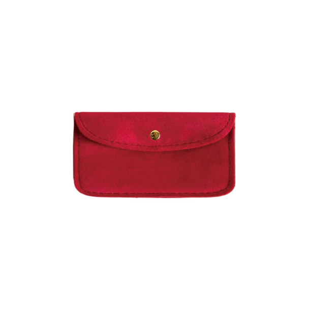 A red velvet glasses pouch with a flap and a gold snap closure, featuring a simple design.