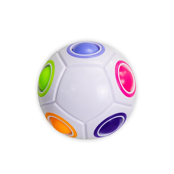 A white fidget puzzle ball with colourful buttons in purple, pink, green, and orange. It features a logo.