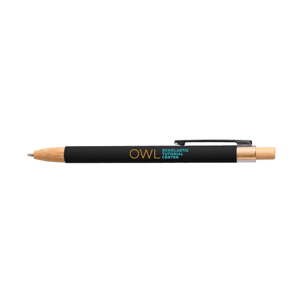 A black pen with a wooden tip and clip, featuring a logo.
