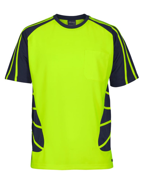 A bright lime green and navy T-shirt with a pocket, featuring contrasting design elements and a logo.