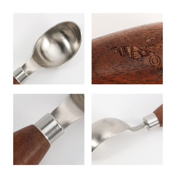 A wood handle ice cream scoop featuring a stainless steel scoop and detailing on the wooden handle.