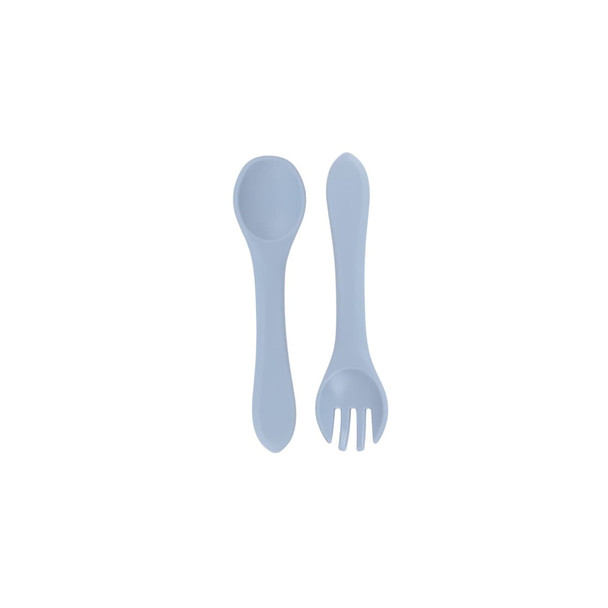 Two pieces of light blue silicone cutlery, including a spoon and a fork-like utensil, displayed side by side.