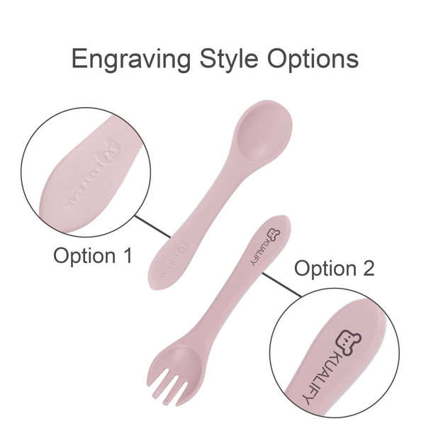 Two pieces of pink silicone cutlery, including a spoon and fork, with an engraved logo on each piece.
