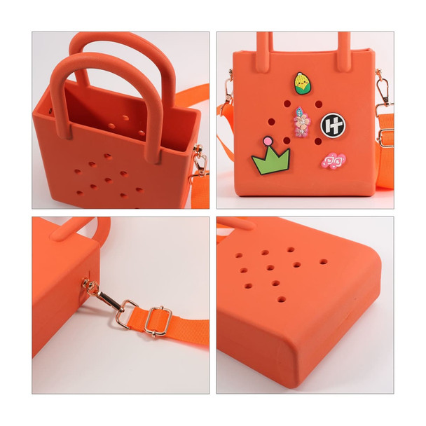 An orange EVA mini beach bag with two handles, a shoulder strap, and decorative patches. Features small holes throughout.