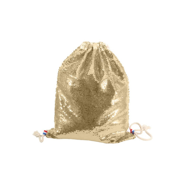 A gold sequin drawstring bag with decorative rope ties and a branding logo.