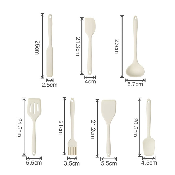 A set of beige silicone kitchenware, including spatulas, a ladle, a brush, and a slotted turner, with measurements provided.