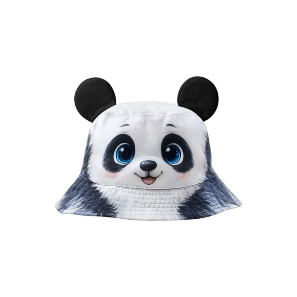 A custom bucket hat with a panda design featuring cartoonish eyes and black ears, in primarily white and grey.