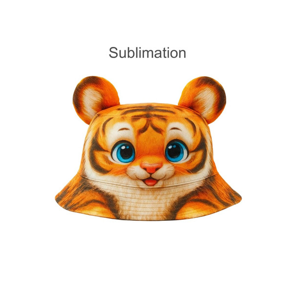 A bucket hat with a vibrant tiger face design, featuring oversized ears and bright blue eyes. It has a logo on it.