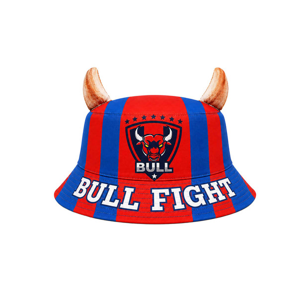 A red and blue bucket hat featuring animal ears, with a logo on the front and the words "BULL FIGHT."