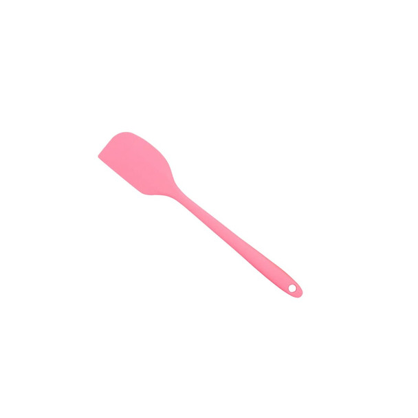 A pink spatula with a flexible head and a long handle. It features a logo on the handle.