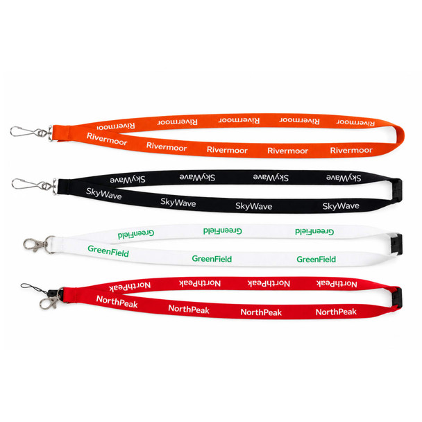 A collection of bamboo ribbed lanyards in red, black, white, and green, each with a branding logo.