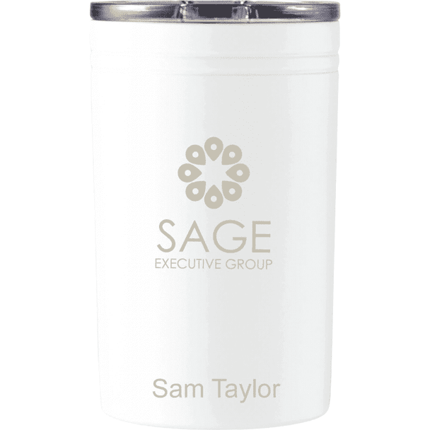 A white tumbler with a silver lid, featuring a logo and text on the side.