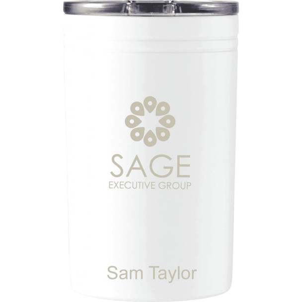 A drink bottle and tumbler gift set in white, featuring a logo and metallic lid.