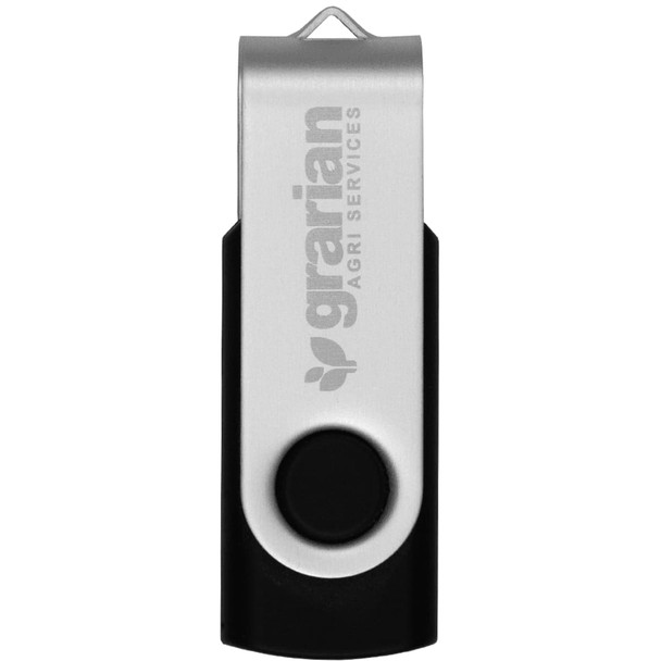 A silver and black USB flash drive with a branding logo and a swivel design.