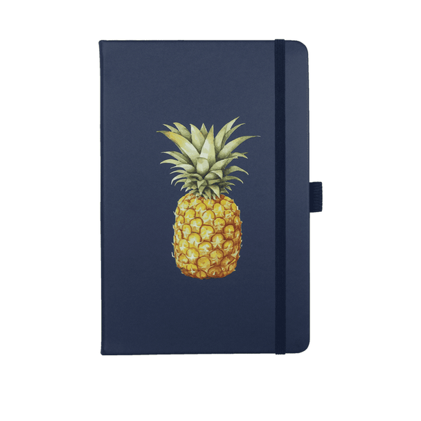 A navy journal with a pineapple illustration on the cover. It features an elastic band closure and has branding.