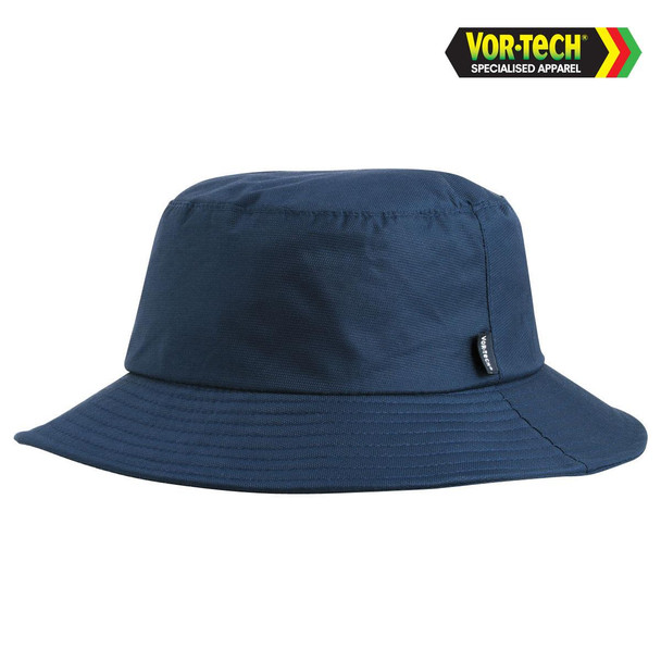 A navy bucket hat with a wide brim, featuring a logo on the side. Ideal for headwear collection.