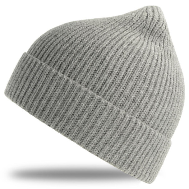 A grey beanie with a ribbed texture and a pointed top. Features a logo on the side.