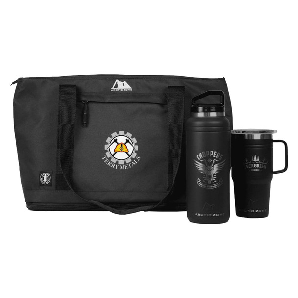 A black duffle bag containing a drink bottle and a travel mug, both with an emblem, set against a white background.