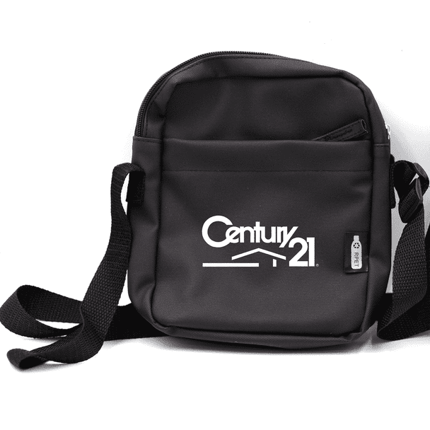 A black messenger bag with a shoulder strap and a logo on the front, featuring a zippered compartment and an additional pocket.