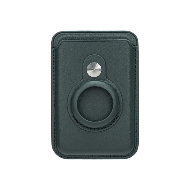 A dark green PU magnetic card and AirTag holder with a circular slot and metal button. It features a smooth finish.