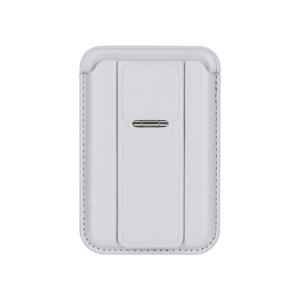 A white PU magnetic card holder with a phone stand feature and a small metal clasp. It has a sleek design.