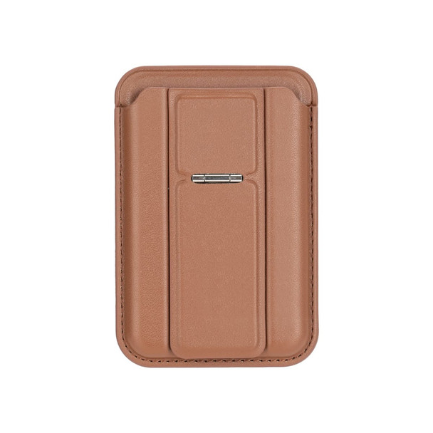 A brown PU magnetic card holder featuring a phone stand, designed with a sleek and minimalistic look.