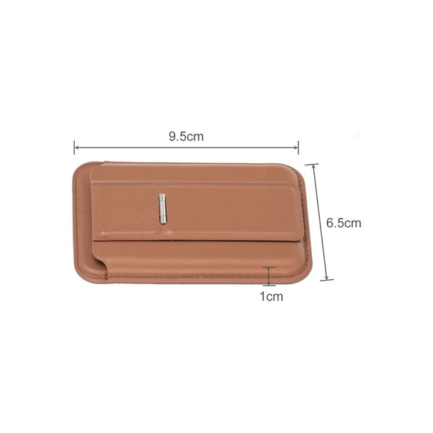 A tan PU magnetic card holder with a phone stand, featuring a sleek design and a silver clasp.