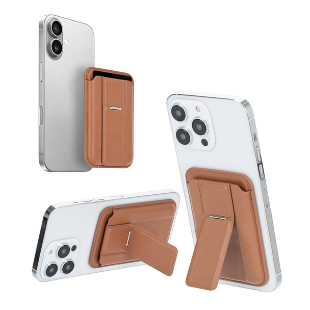 A PU magnetic card holder in tan, designed to attach to a phone, with a built-in phone stand feature.