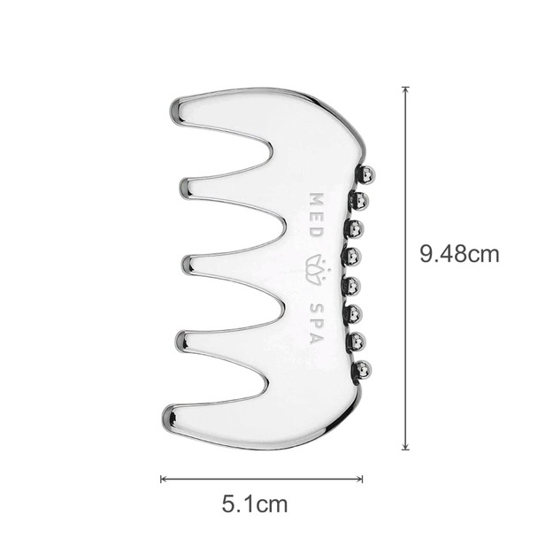 A silver 2 in 1 scraping board with a curved design, measuring 9.48 cm by 5.1 cm, featuring branding.