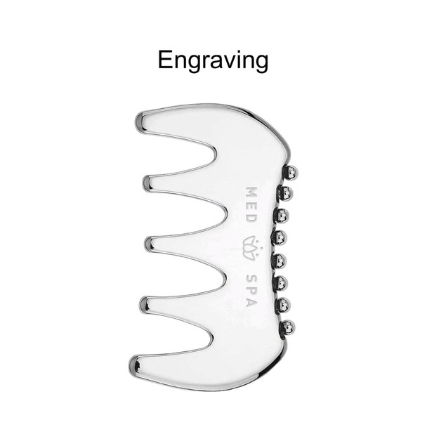 A 2 in 1 scraping board in shiny silver with a curved design and small balls along the edge. Features a logo.