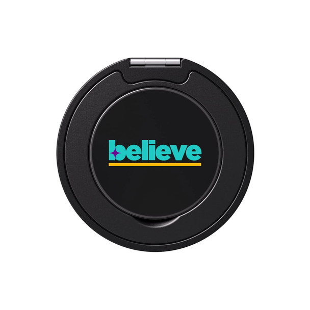 A black phone grip and stand with a colourful logo featuring the word "believe".