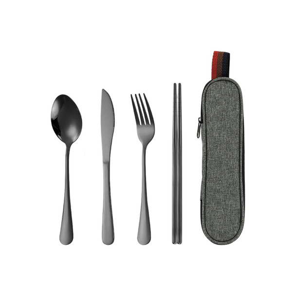 A travel cutlery set featuring a spoon, knife, fork, and chopsticks, enclosed in a grey pouch with a coloured zipper.